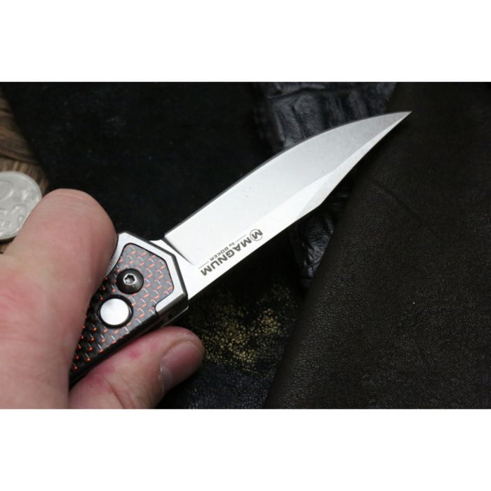 Полуавтоматический складной нож Magnum Rubico Auto - Boker 01SC054, сталь 440A Stonewash, рукоять карбон/нержавеющая сталь, чёрно-красный